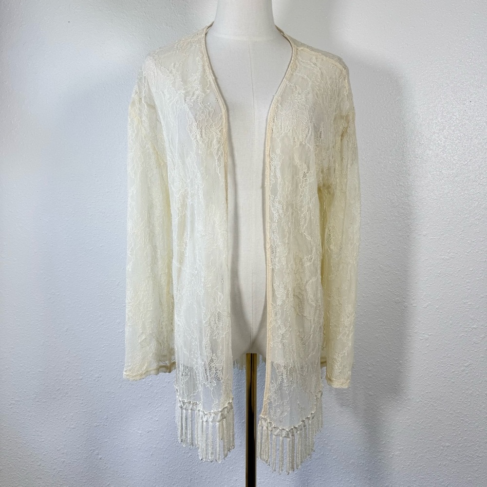 Others Follow Lace Kimono Cardigan XS Cream Fringe Boho Sheer chic Bell Sleeve